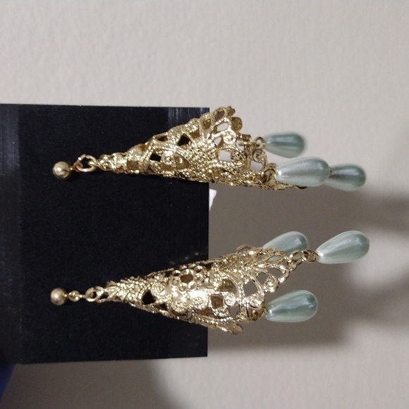 Women's Gold-tone Filigree Cone Shape Design Beaded Drop Dangle Earrings, #5 - Picture 6 of 6